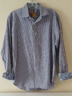 Robert Graham Navy & White Gingham Dress Shirt with Patterned Trim